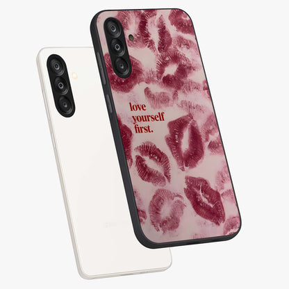 Crimson Kiss Love Glass Case displayed in angled mockup highlighting bold love inspired design with modern aesthetic style.