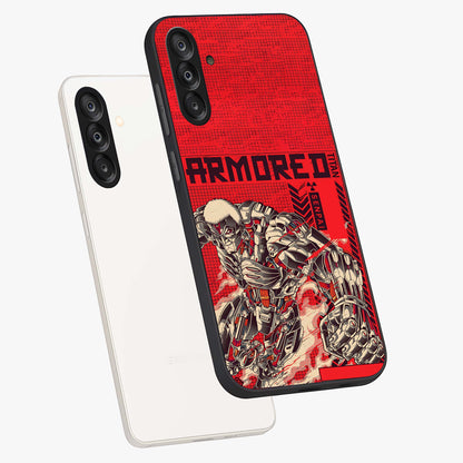 Crimson Mecha Titan Glass Case displayed in angled mockup highlighting futuristic mech illustration with bold crimson aesthetic.