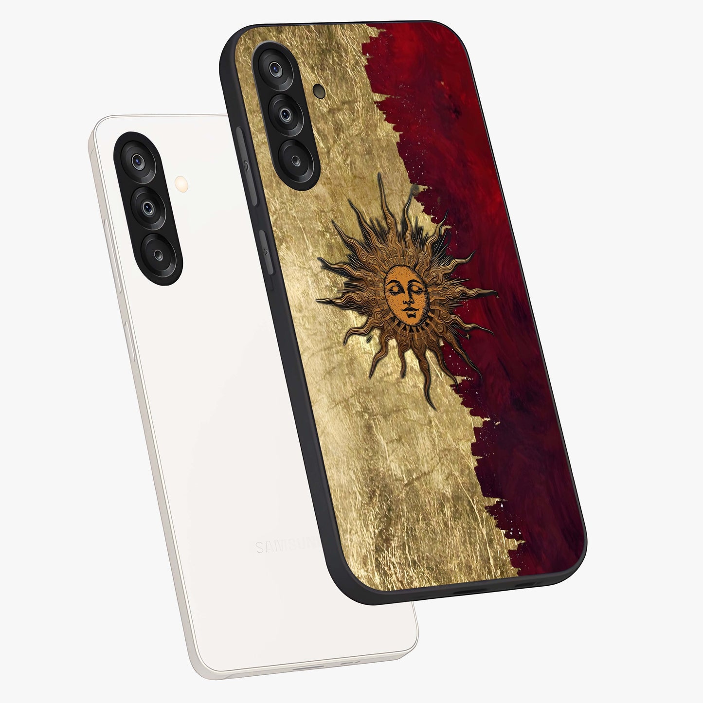 Crimson Sun Majesty Glass Case displayed in angled mockup highlighting majestic crimson sun design with bold aesthetic style.