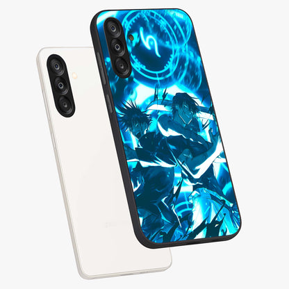 Cursed Energy Clash Glass Case displayed in angled mockup highlighting powerful battle inspired graphic with anime style aesthetic.