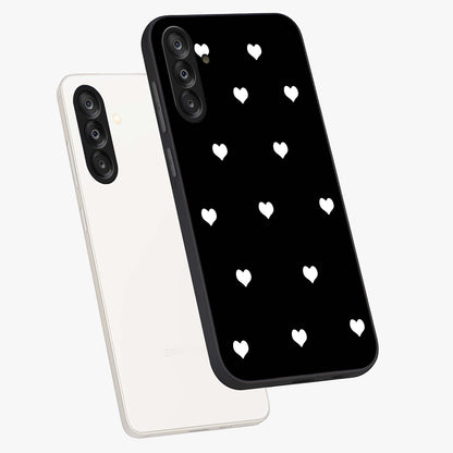 Cute And Simple White Hearts Glass Case displayed in angled mockup highlighting cute heart design with clean aesthetic style.