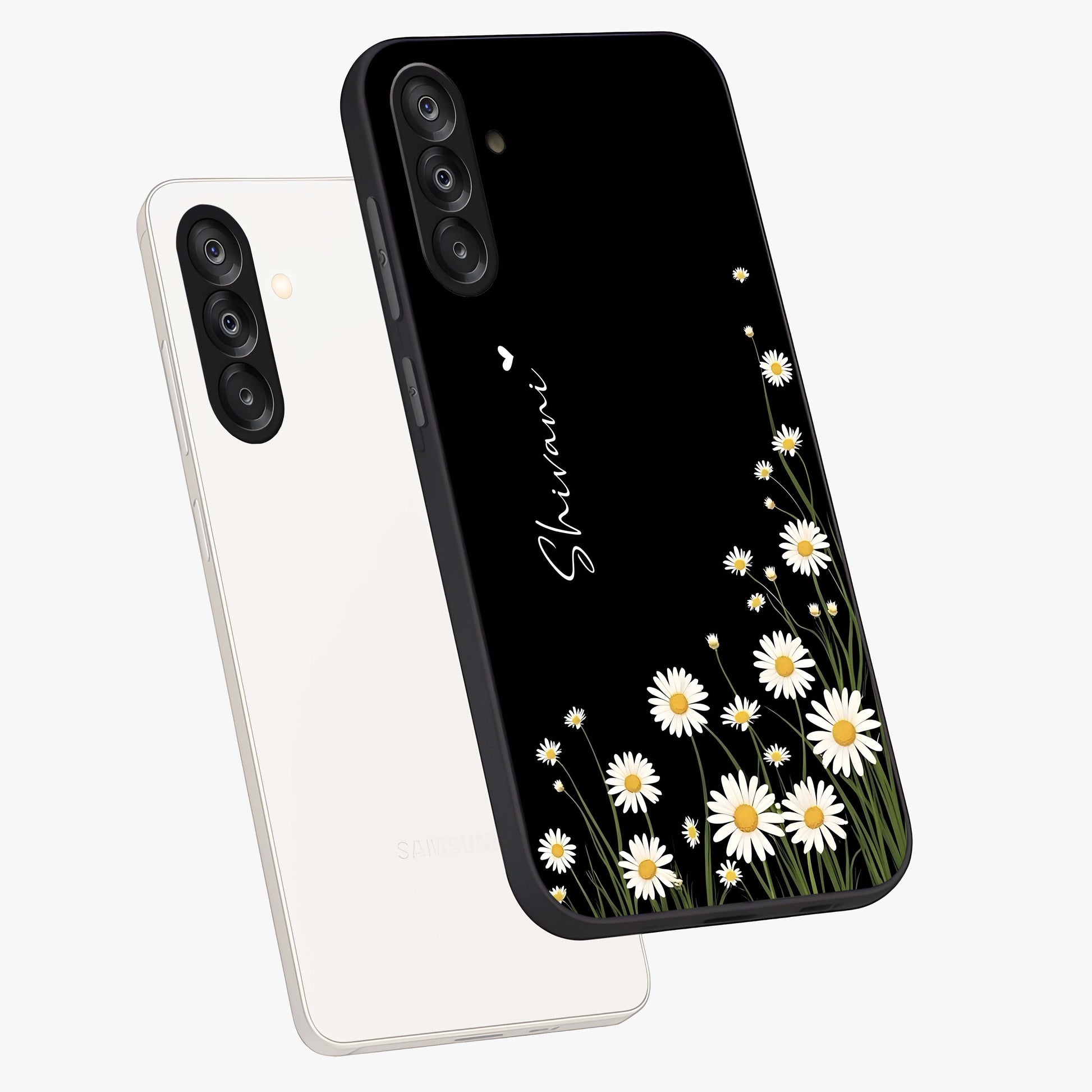 Daisy Cascade Custom Name Glass Case displayed in angled mockup highlighting delicate daisy artwork with custom name feature.
