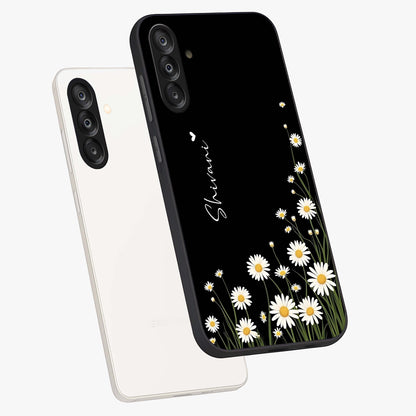 Daisy Cascade Custom Name Glass Case displayed in angled mockup highlighting delicate daisy artwork with custom name feature.