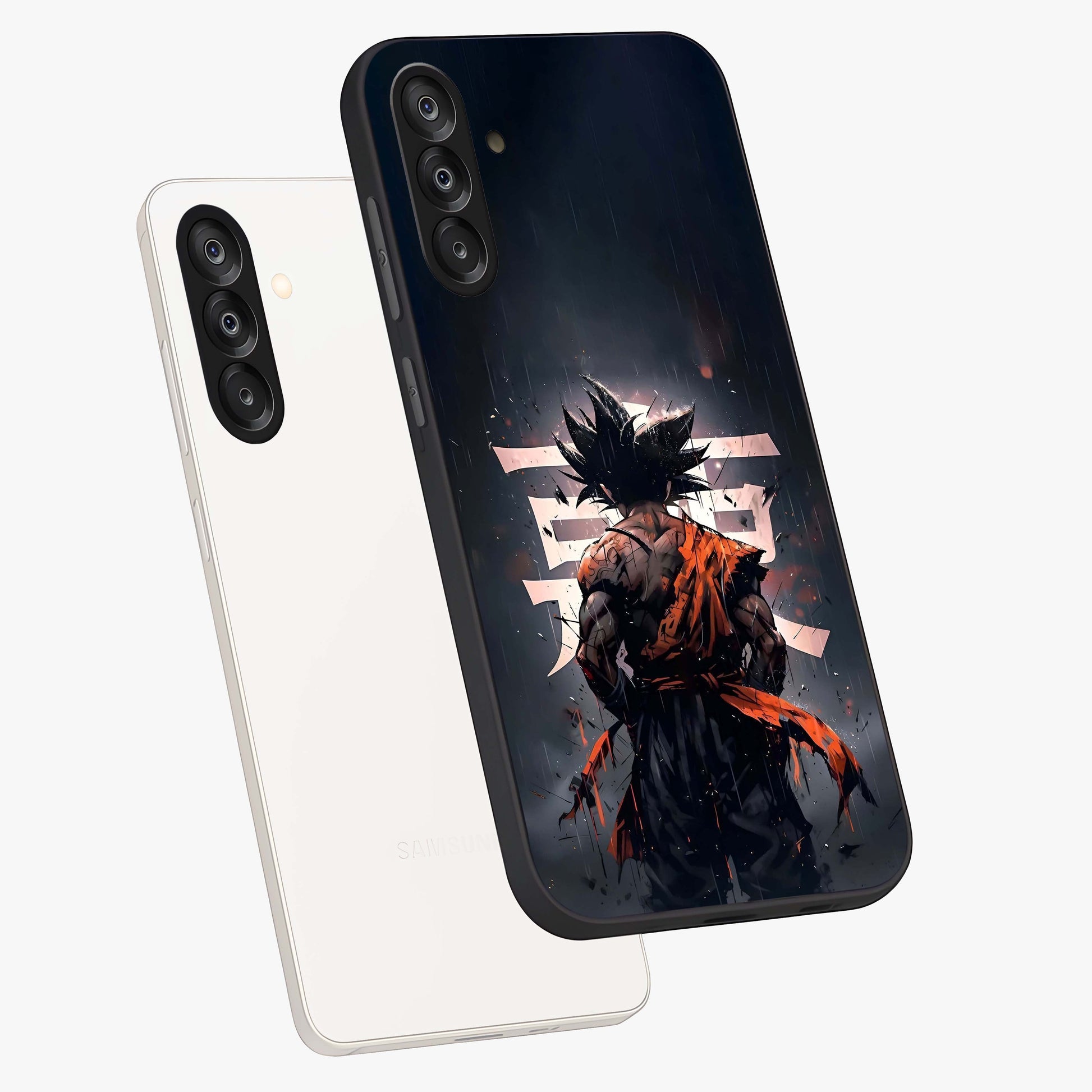 Dark Warrior In Rain Glass Case displayed in angled mockup highlighting dramatic warrior illustration with dark rain aesthetic.