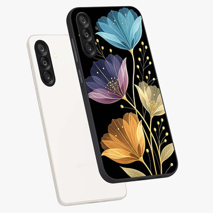Delicate Multicolor Flowers Glass Case displayed in angled mockup highlighting colorful flower pattern with soft aesthetic style.