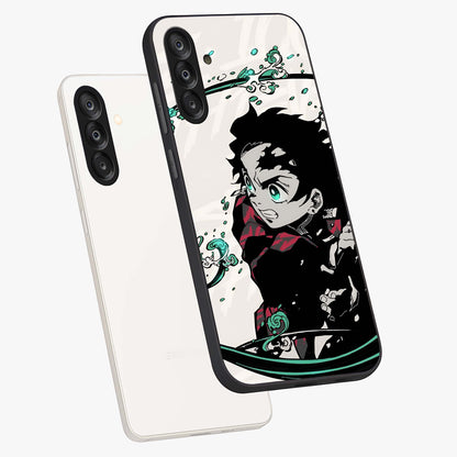 Demon Slayer Glass Case displayed in angled mockup highlighting dramatic anime character design with action aesthetic.
