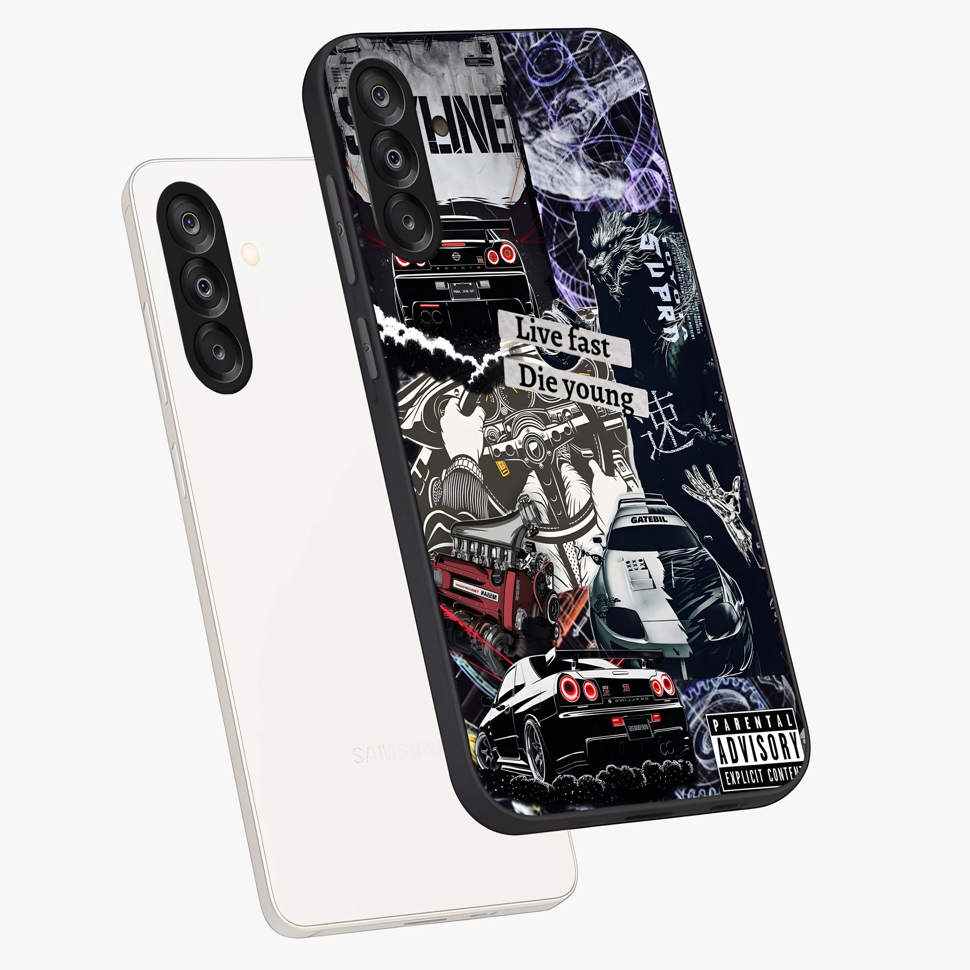 Die Young Glass Case displayed in angled mockup highlighting expressive graphic artwork with edgy aesthetic style.