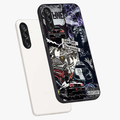 Die Young Glass Case displayed in angled mockup highlighting expressive graphic artwork with edgy aesthetic style.