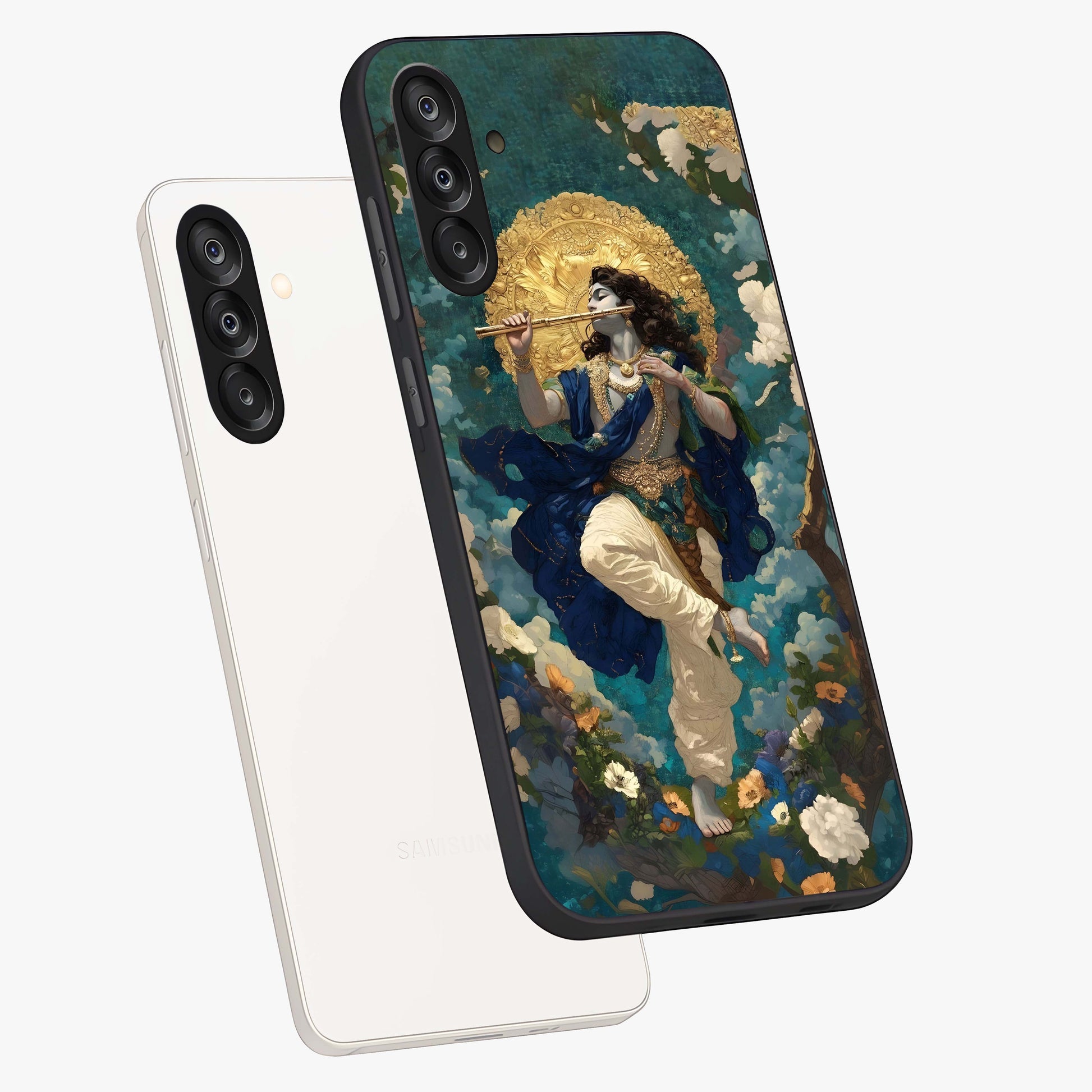 Divine Krishna Art Glass Case displayed in angled mockup highlighting spiritual Krishna illustration with devotional aesthetic.