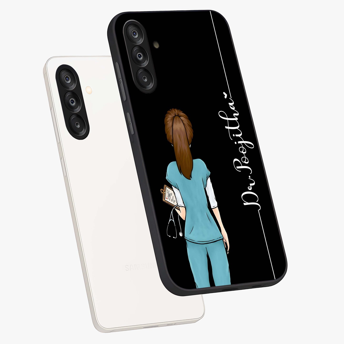 Doctor Pattern Custom Name Glass Case displayed in angled mockup highlighting doctor inspired artwork with custom name feature.