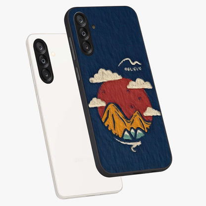 Dream Beyond Mountains Glass Case displayed in angled mockup highlighting dreamy mountain illustration with peaceful aesthetic.