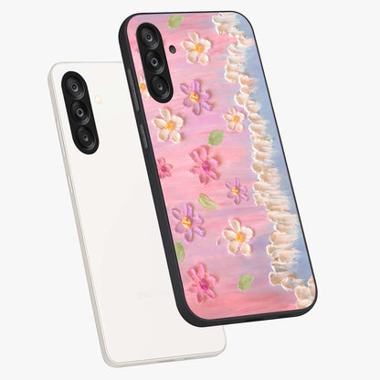 Dreamy Painted Garden Glass Case displayed in angled mockup highlighting colorful garden illustration with dreamy aesthetic style.