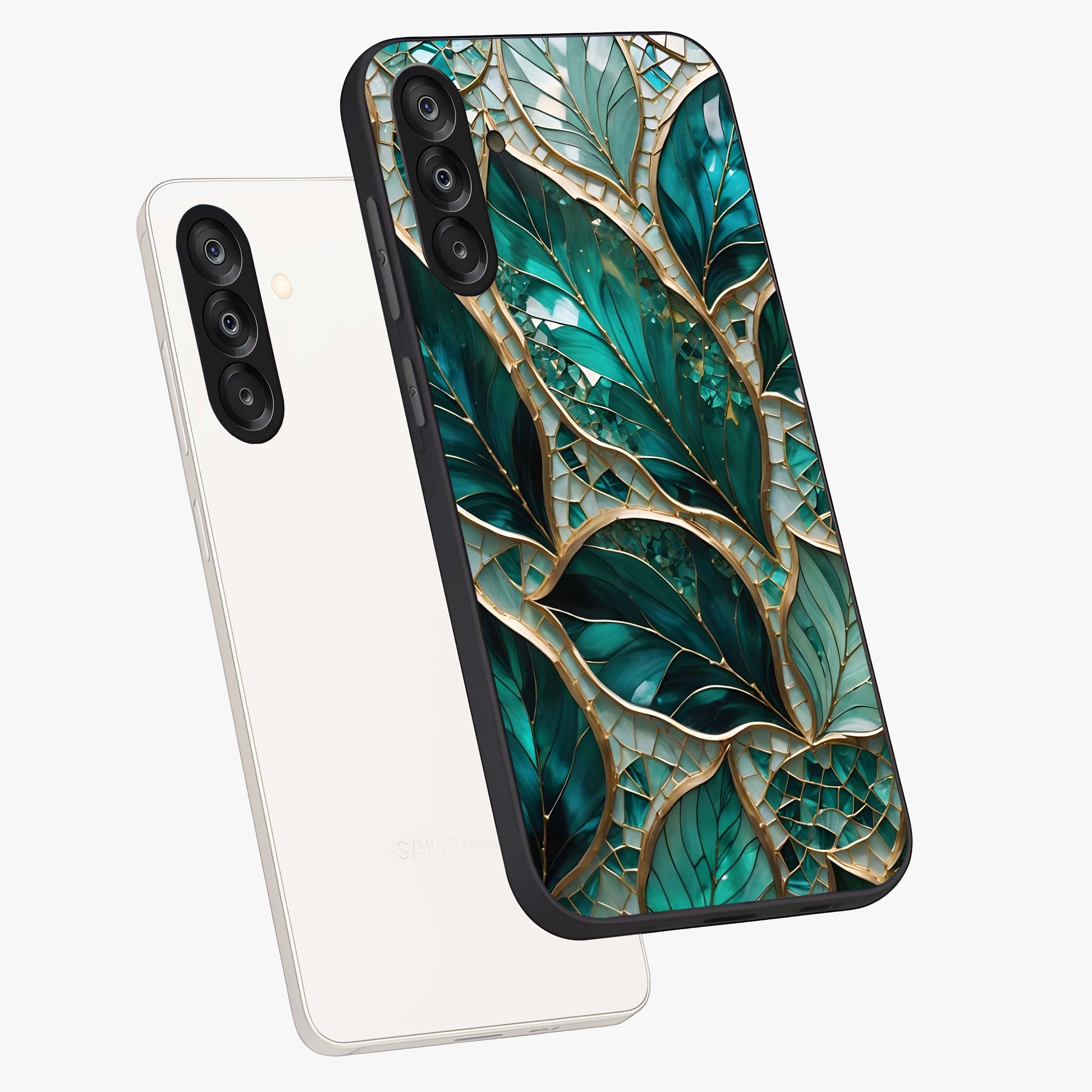 Emerald Leaf Glass Glass Case displayed in angled mockup highlighting botanical leaf illustration with elegant natural aesthetic.
