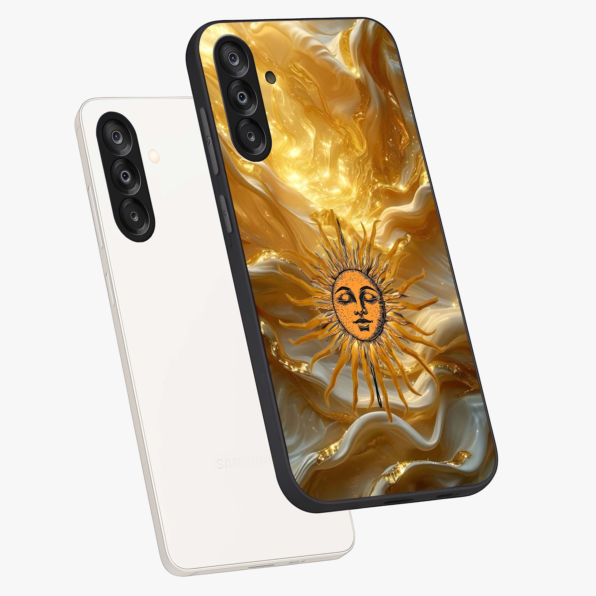 Eternal Golden Glow Glass Case displayed in angled mockup highlighting glowing golden aesthetic design with elegant style.
