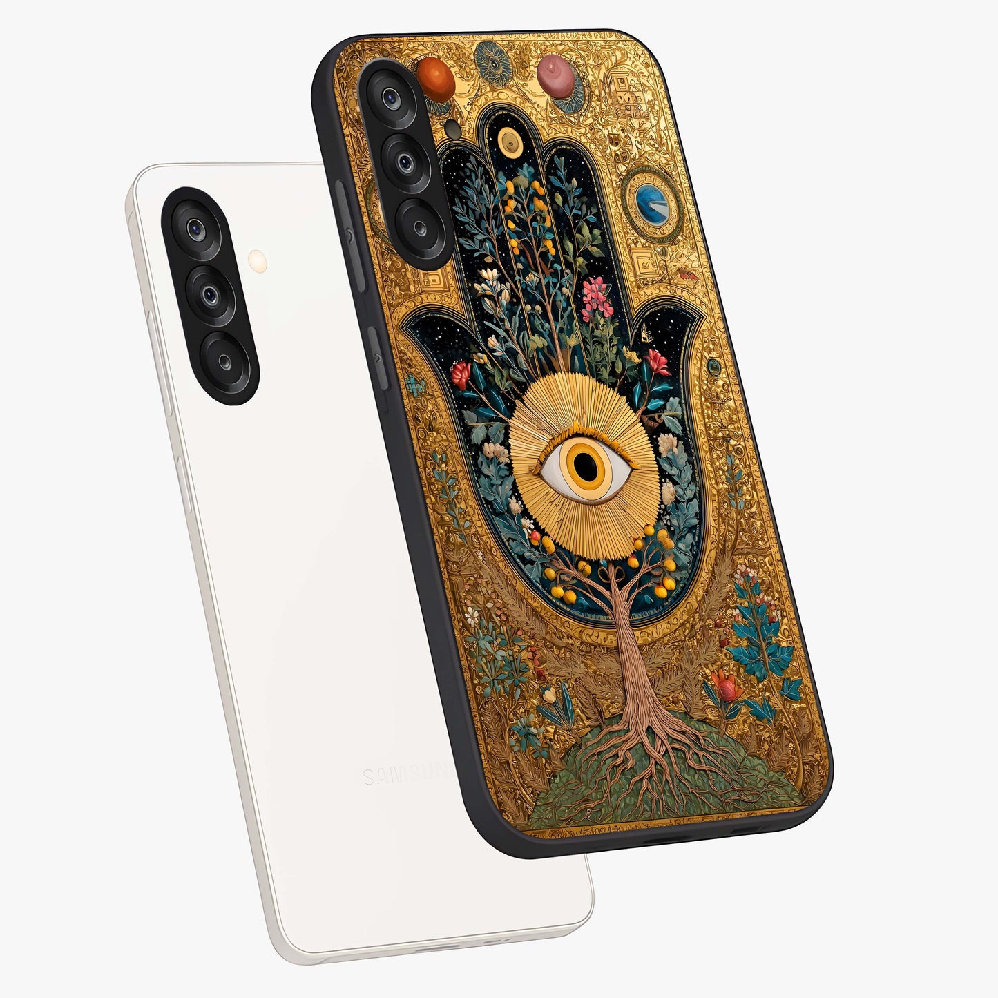 Ethereal Evil Eye Glass Case displayed in angled mockup highlighting protective evil eye symbol with spiritual aesthetic design.