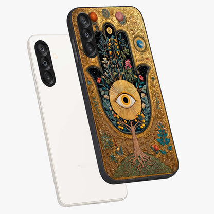 Ethereal Evil Eye Glass Case displayed in angled mockup highlighting protective evil eye symbol with spiritual aesthetic design.