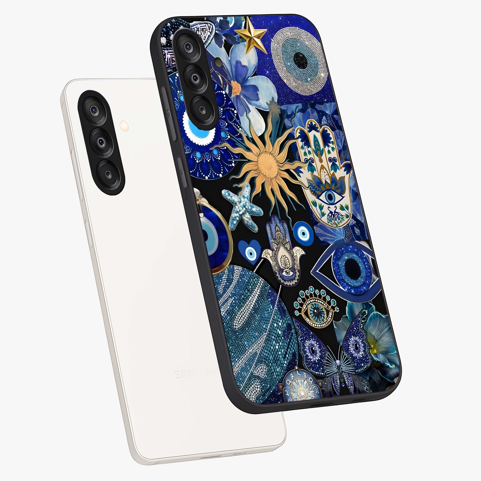 Evil Eye Charm Mix Glass Case displayed in angled mockup highlighting protective evil eye symbols with spiritual aesthetic design.