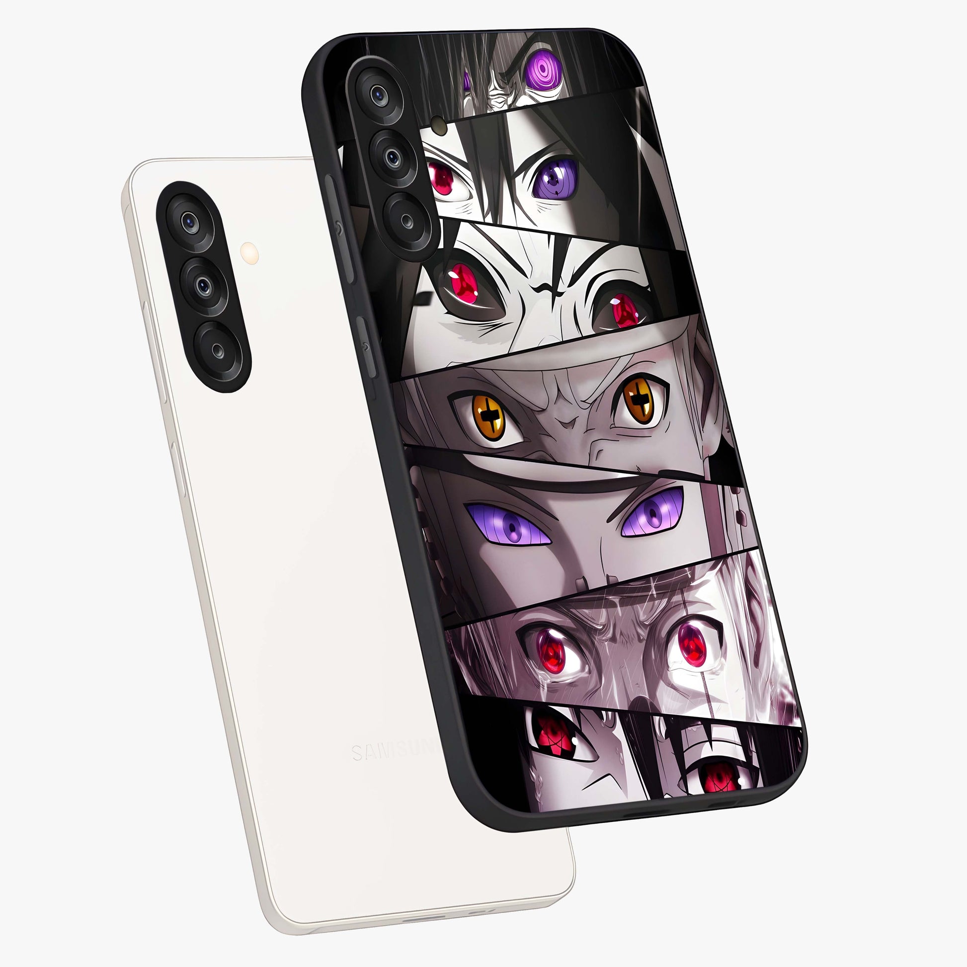 Eyes of Destiny Glass Case displayed in angled mockup highlighting bold eye illustration with mystical aesthetic style.