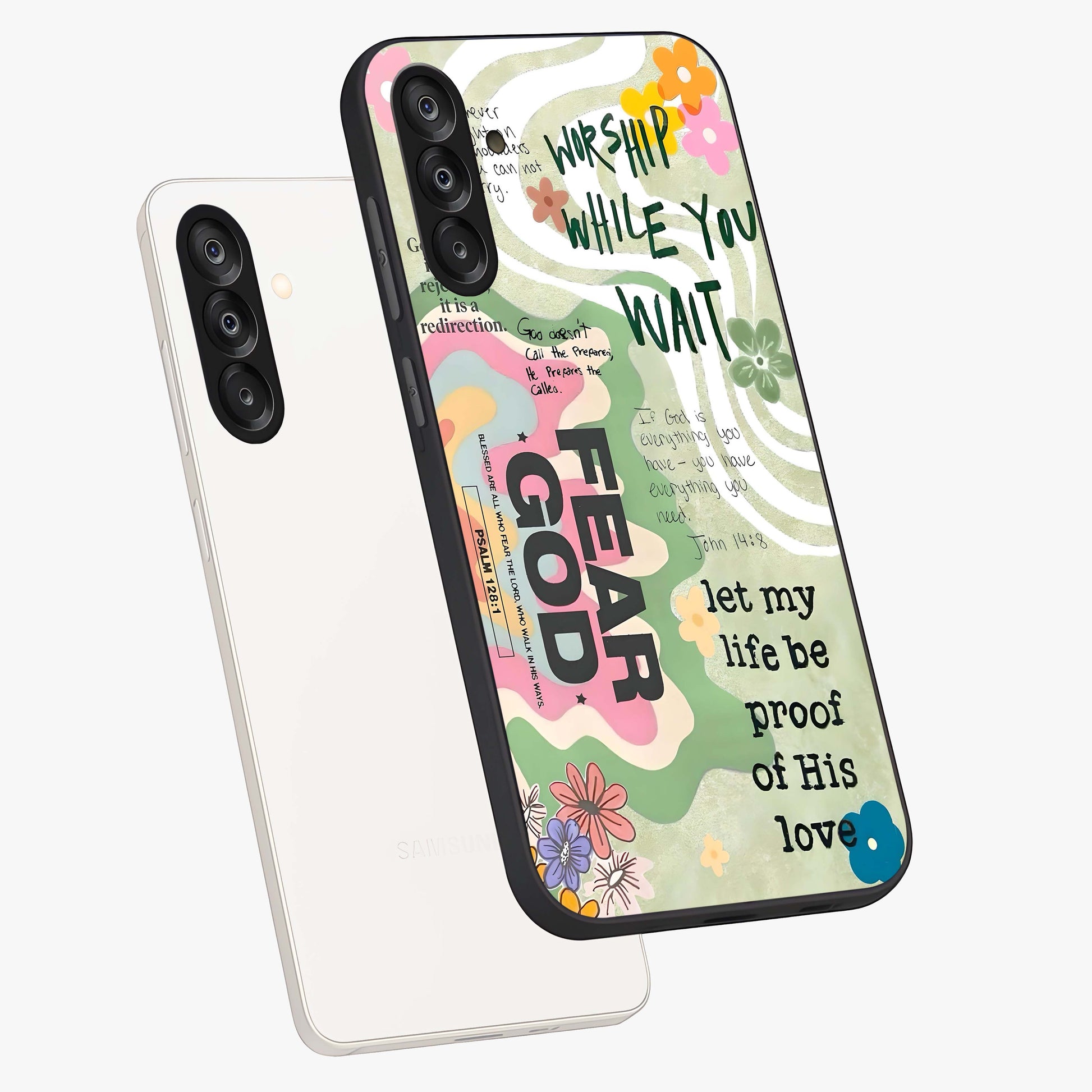 Faith Over Fear Glass Case displayed in angled mockup highlighting inspirational message design with modern aesthetic style.