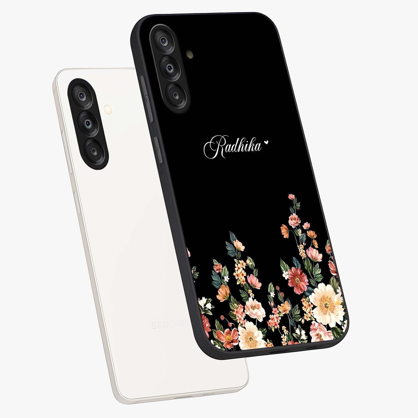 Floral Design With a Custom Personalized Name Glass Case displayed in angled mockup highlighting elegant floral pattern with custom name feature.