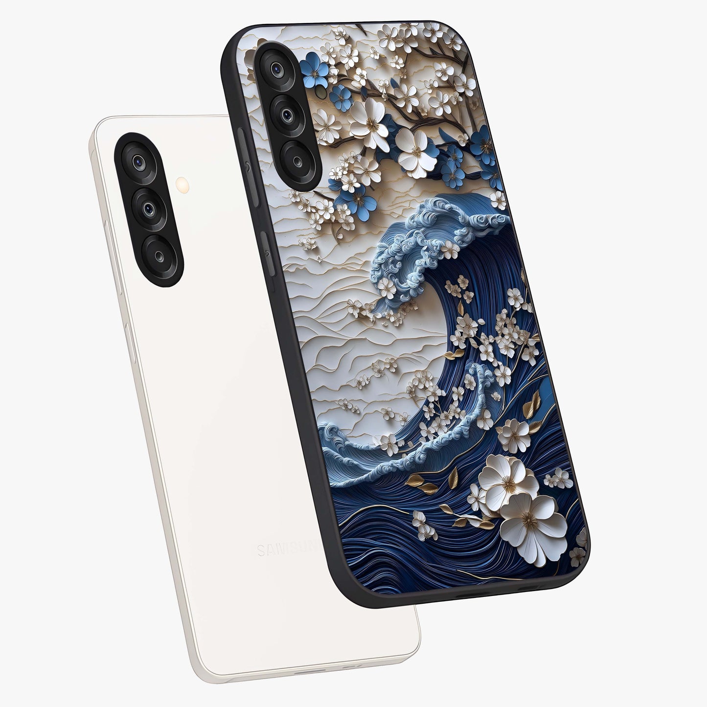 Floral Wave Origami Glass Case displayed in angled mockup highlighting geometric origami flower design with modern aesthetic style.