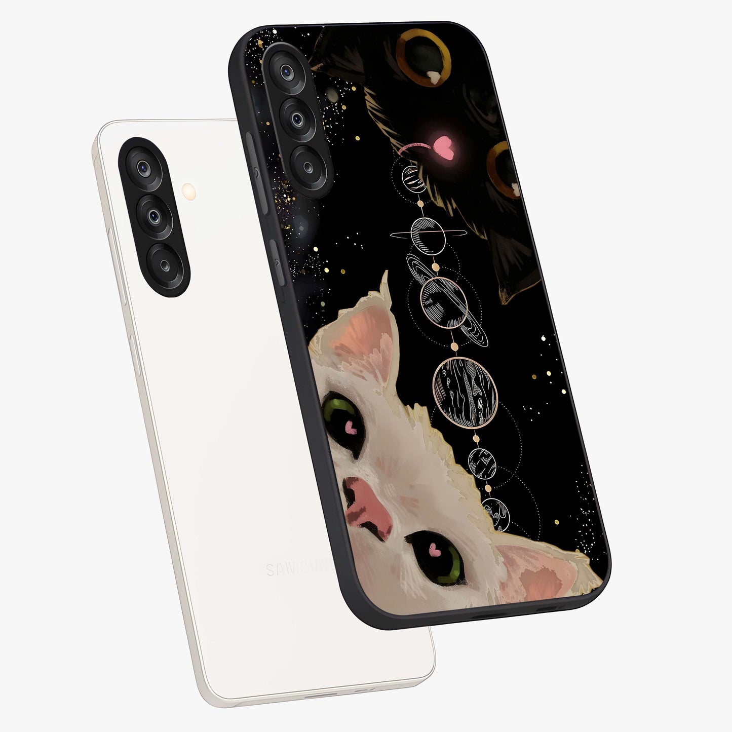 Galactic Cat Glass Case displayed in angled mockup highlighting celestial feline illustration with galaxy aesthetic style.
