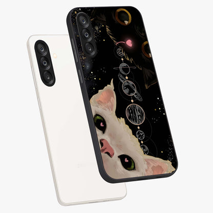 Galactic Cat Glass Case displayed in angled mockup highlighting celestial feline illustration with galaxy aesthetic style.