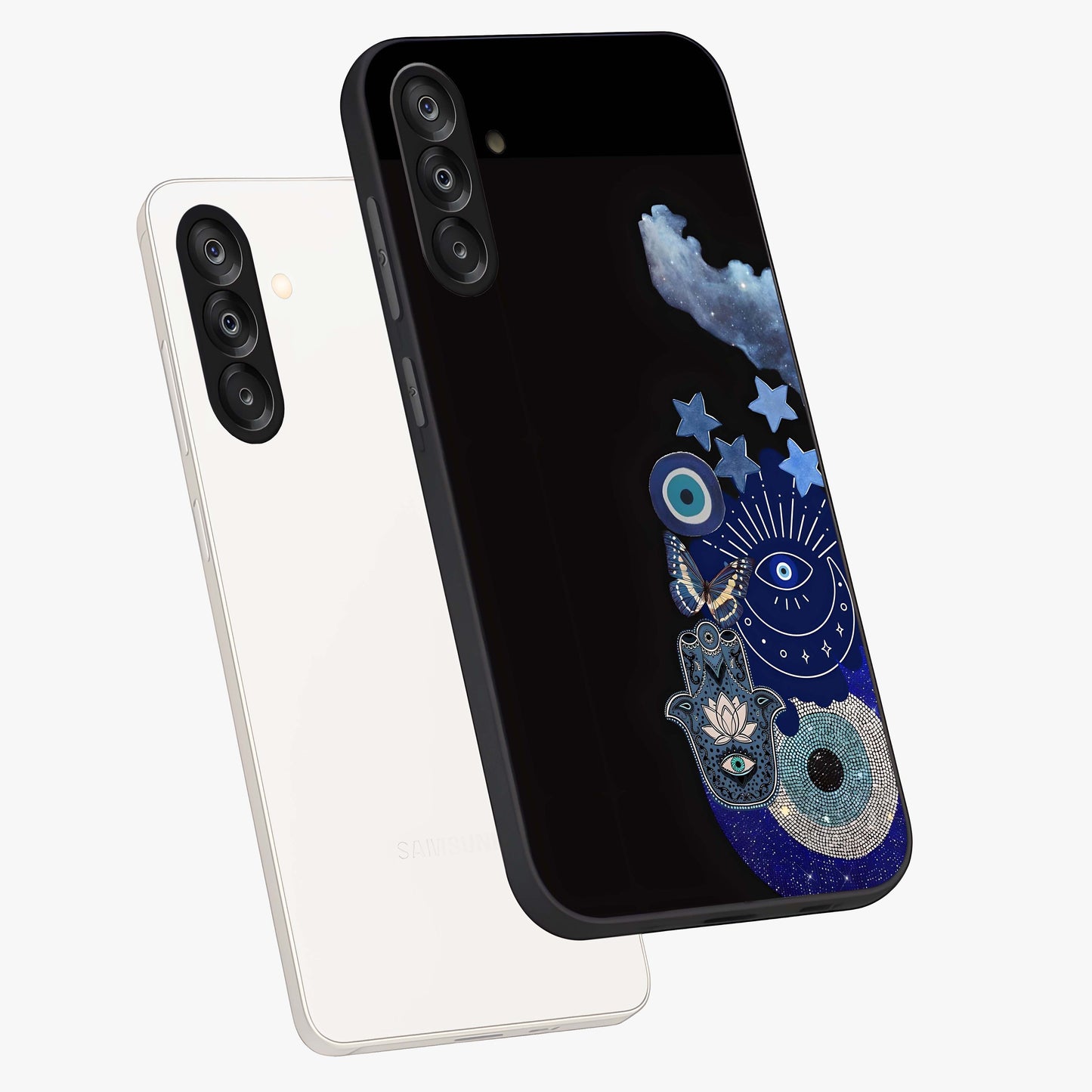 Galactic Charm Cluster Glass Case displayed in angled mockup highlighting luminous galaxy inspired design with dreamy aesthetic.