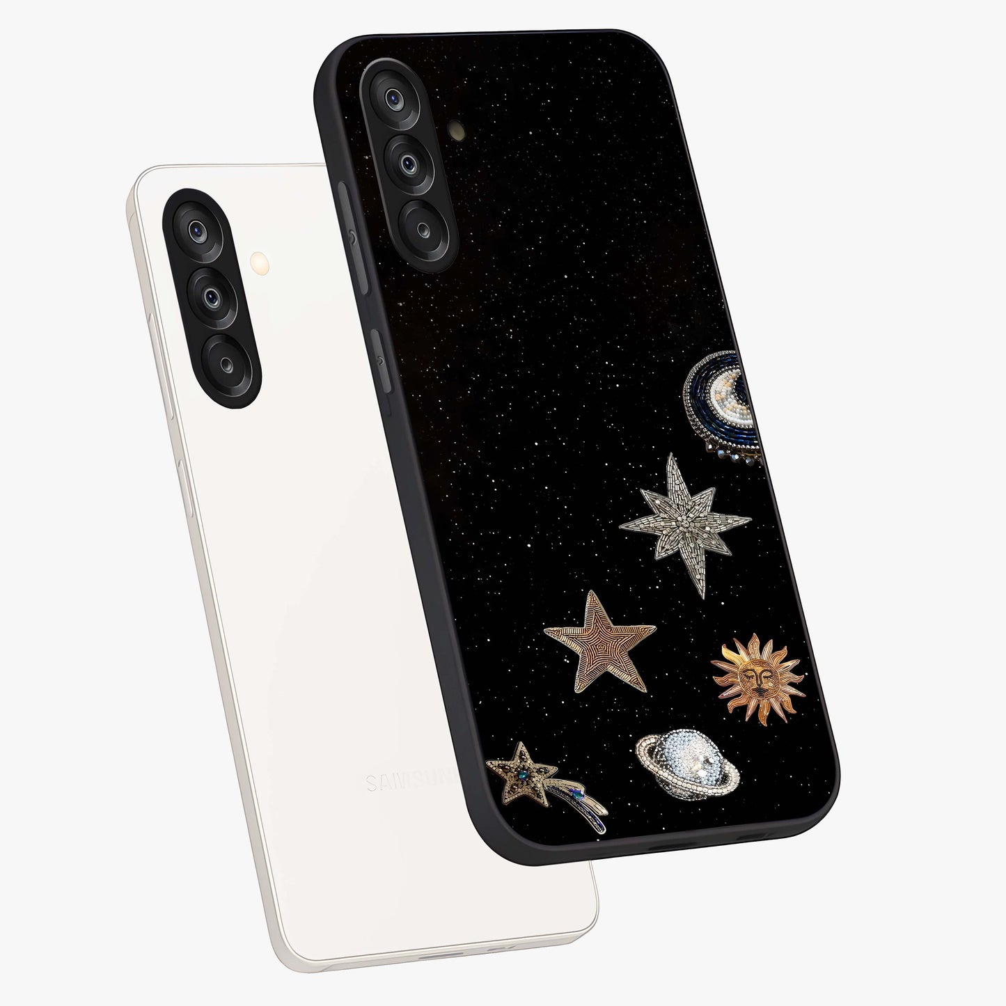 Galactic Charm Glow Glass Case displayed in angled mockup highlighting luminous galaxy inspired design with dreamy aesthetic.