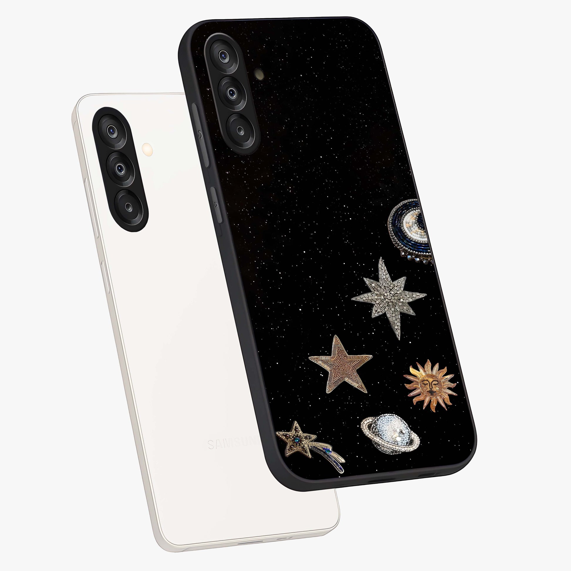 Galactic Charm Glow Glass Case displayed in angled mockup highlighting luminous galaxy inspired design with dreamy aesthetic.