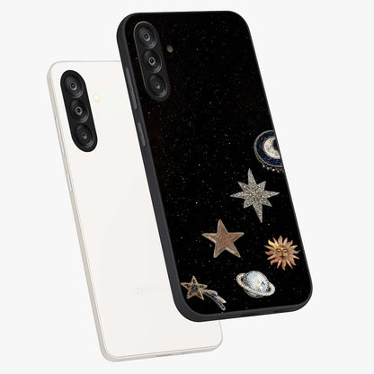 Galactic Charm Glow Glass Case displayed in angled mockup highlighting luminous galaxy inspired design with dreamy aesthetic.