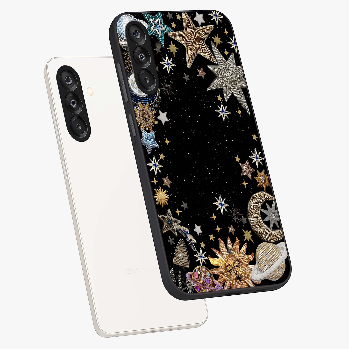 Galactic Jewel Stars Glass Case displayed in angled mockup highlighting shining celestial star design with cosmic aesthetic style.