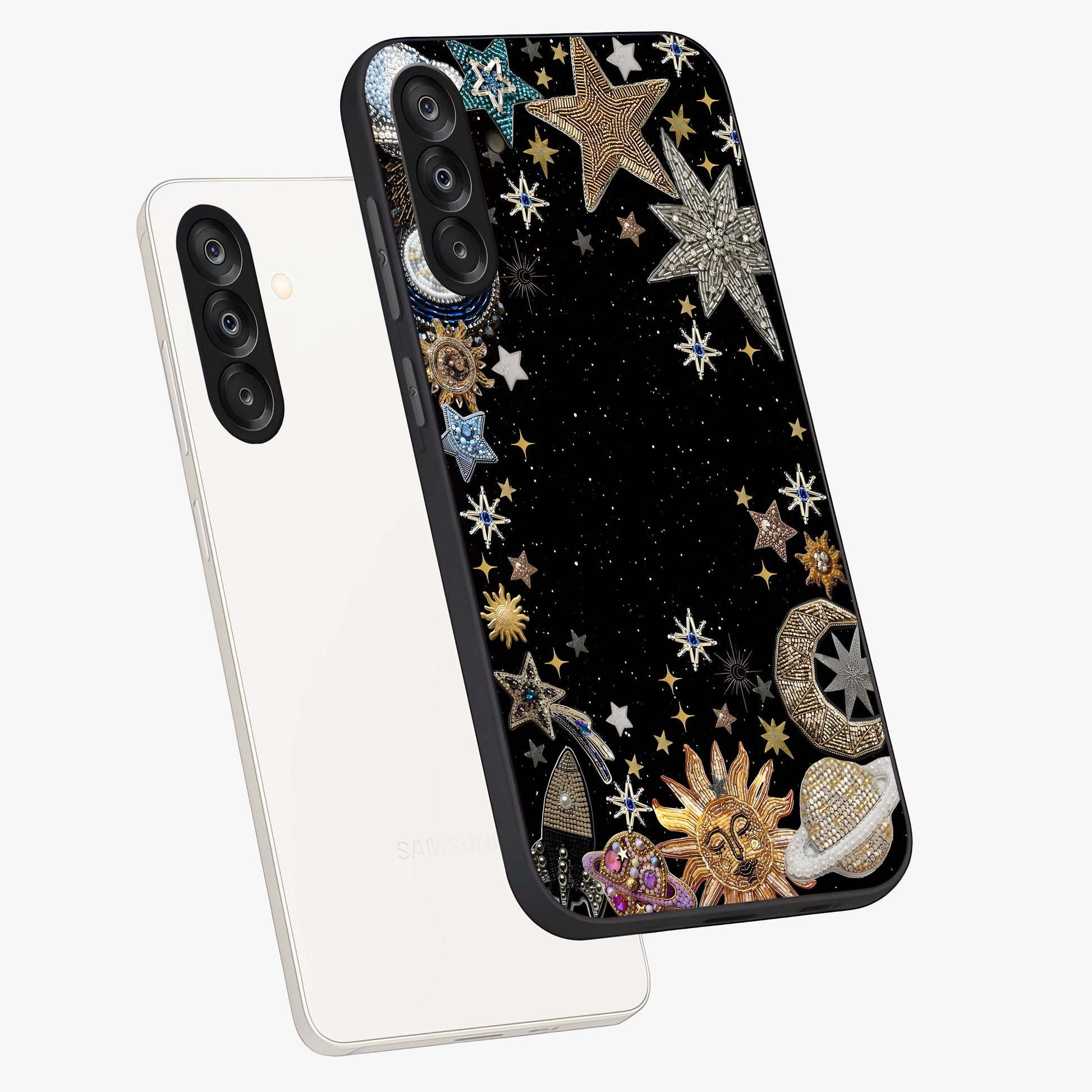 Galactic Jewel Stars Glass Case displayed in angled mockup highlighting shining celestial star design with cosmic aesthetic style.