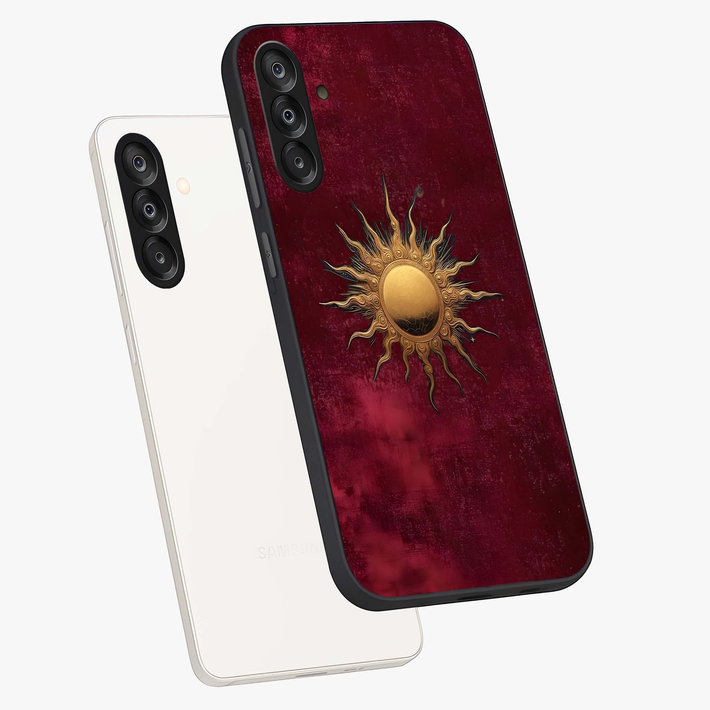 Golden Sun Minimalism Glass Case displayed in angled mockup highlighting clean sun symbol design with modern minimal aesthetic.