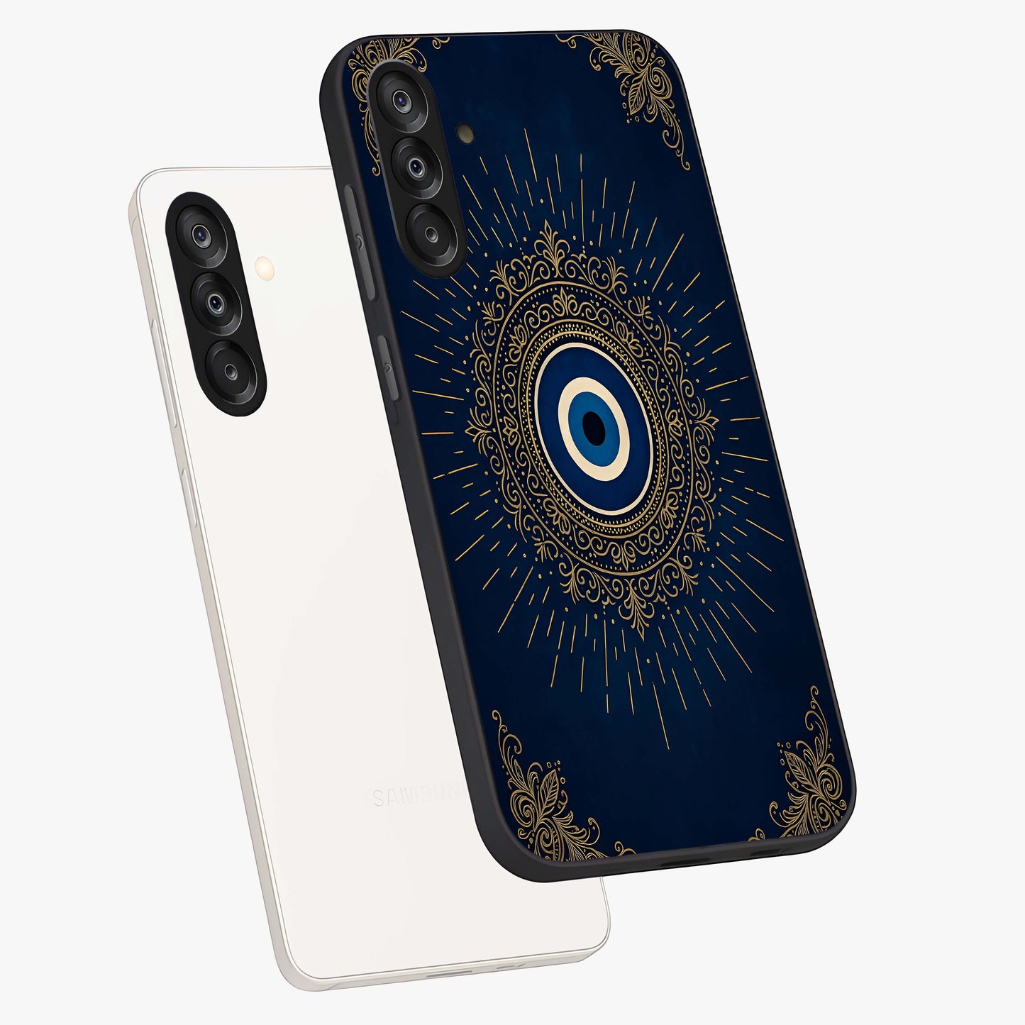 Golden Celestial Charm Glass Case displayed in angled mockup highlighting sparkling cosmic charm design with celestial aesthetic.
