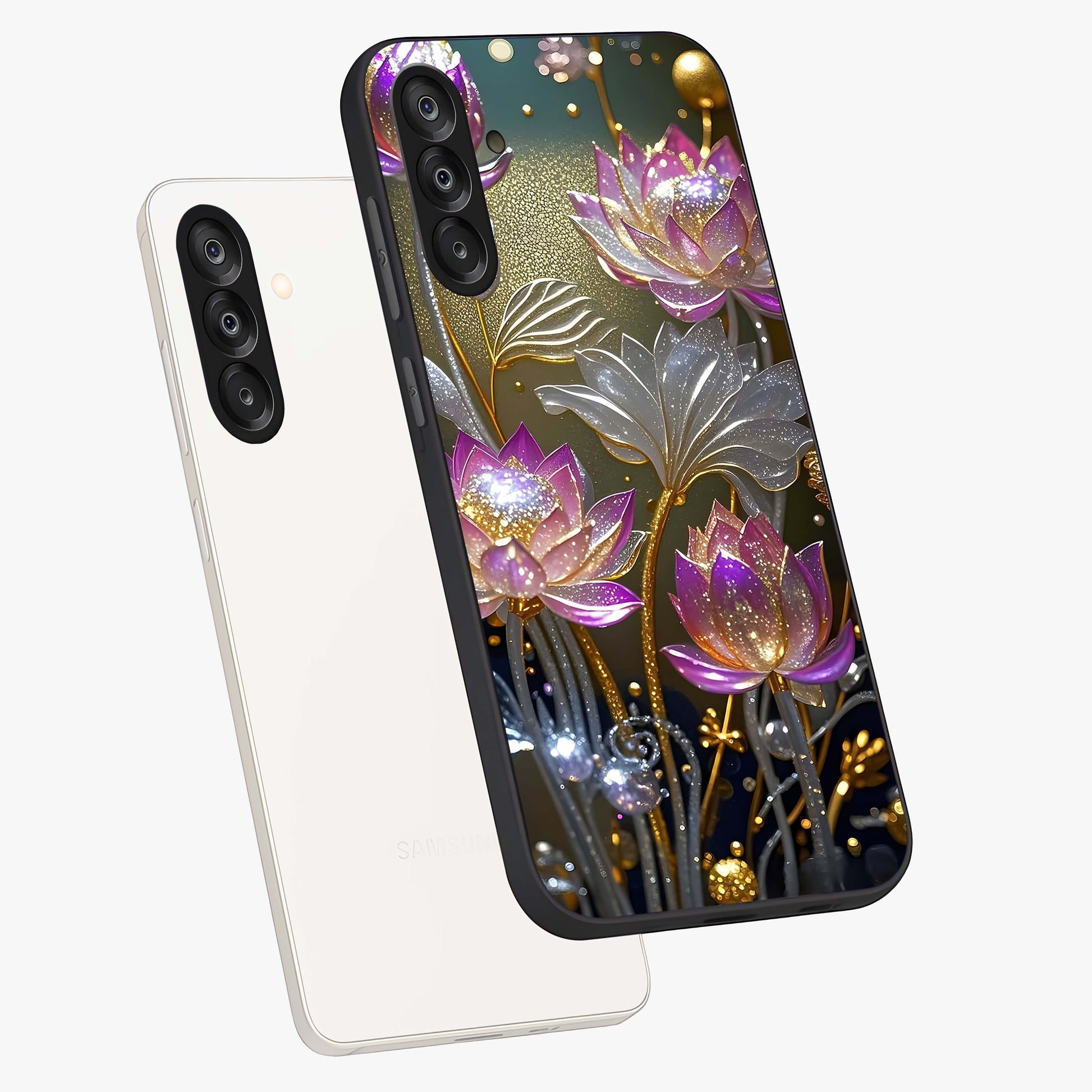 Golden Floral Majesty Glass Case displayed in angled mockup highlighting elegant flower design with royal golden aesthetic.