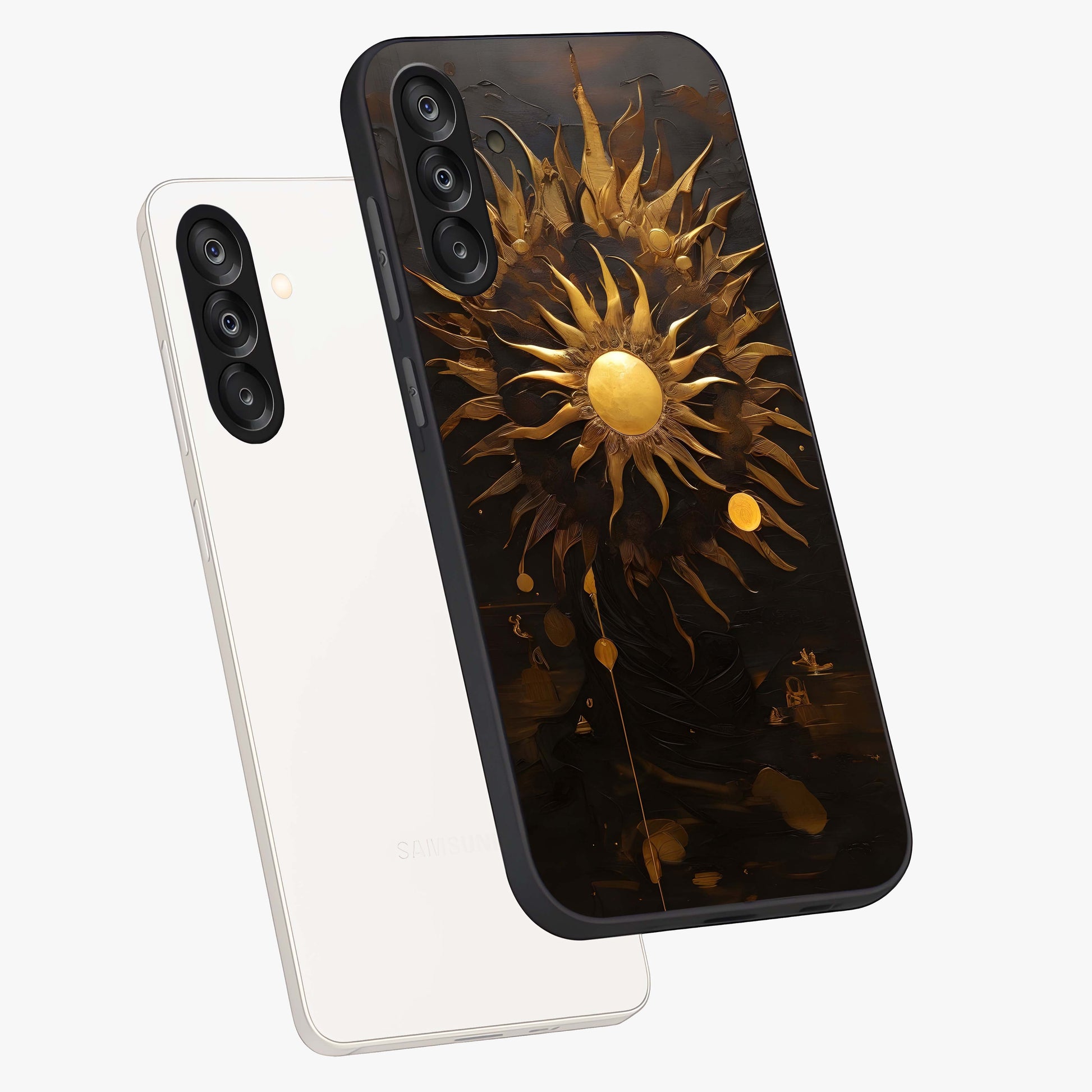 Golden Sun Majesty Glass Case displayed in angled mockup highlighting eerie shadow illustration with gothic aesthetic.