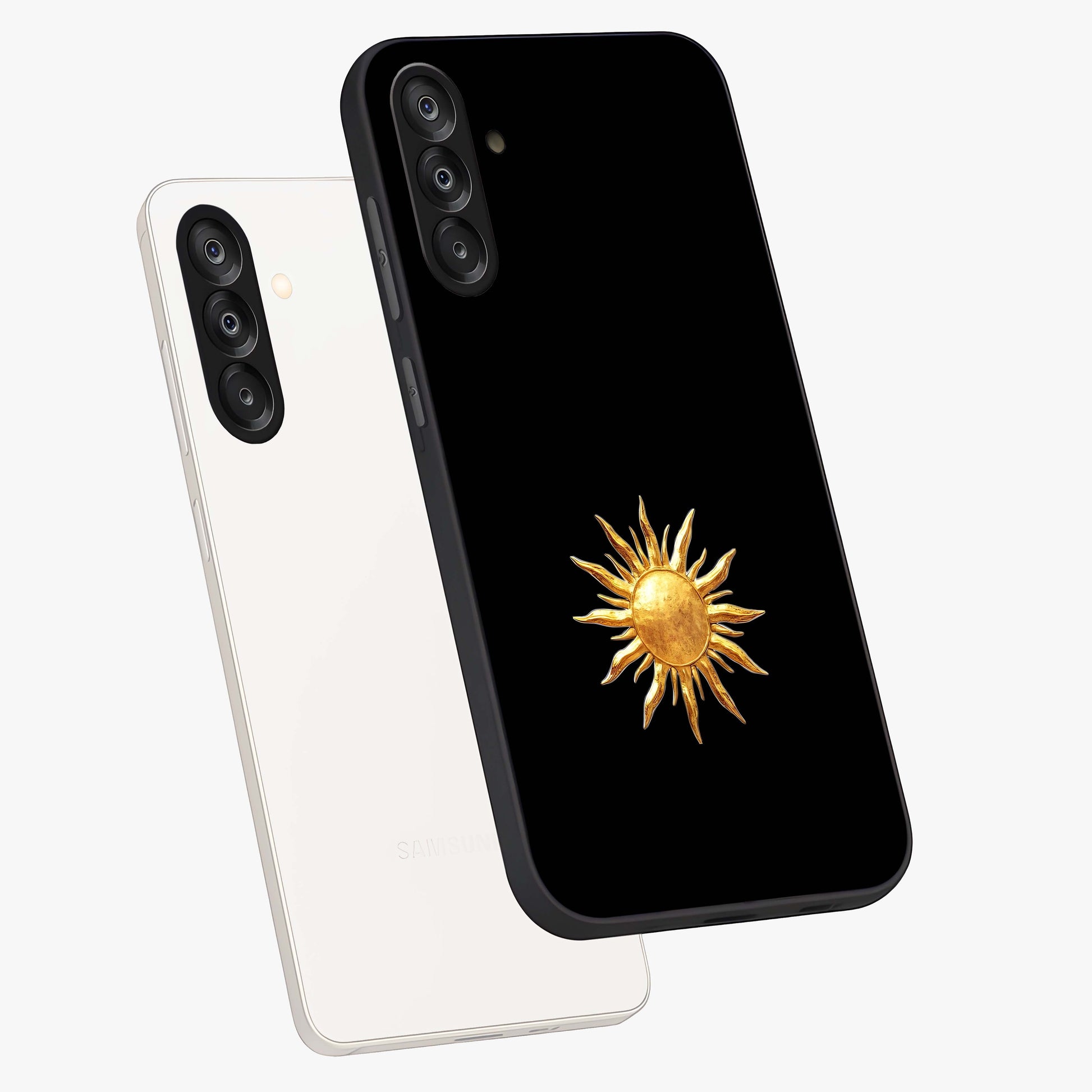 Golden Sun Minimalism Glass Case displayed in angled mockup highlighting eerie shadow illustration with gothic aesthetic.