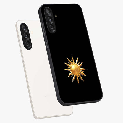 Golden Sun Minimalism Glass Case displayed in angled mockup highlighting eerie shadow illustration with gothic aesthetic.