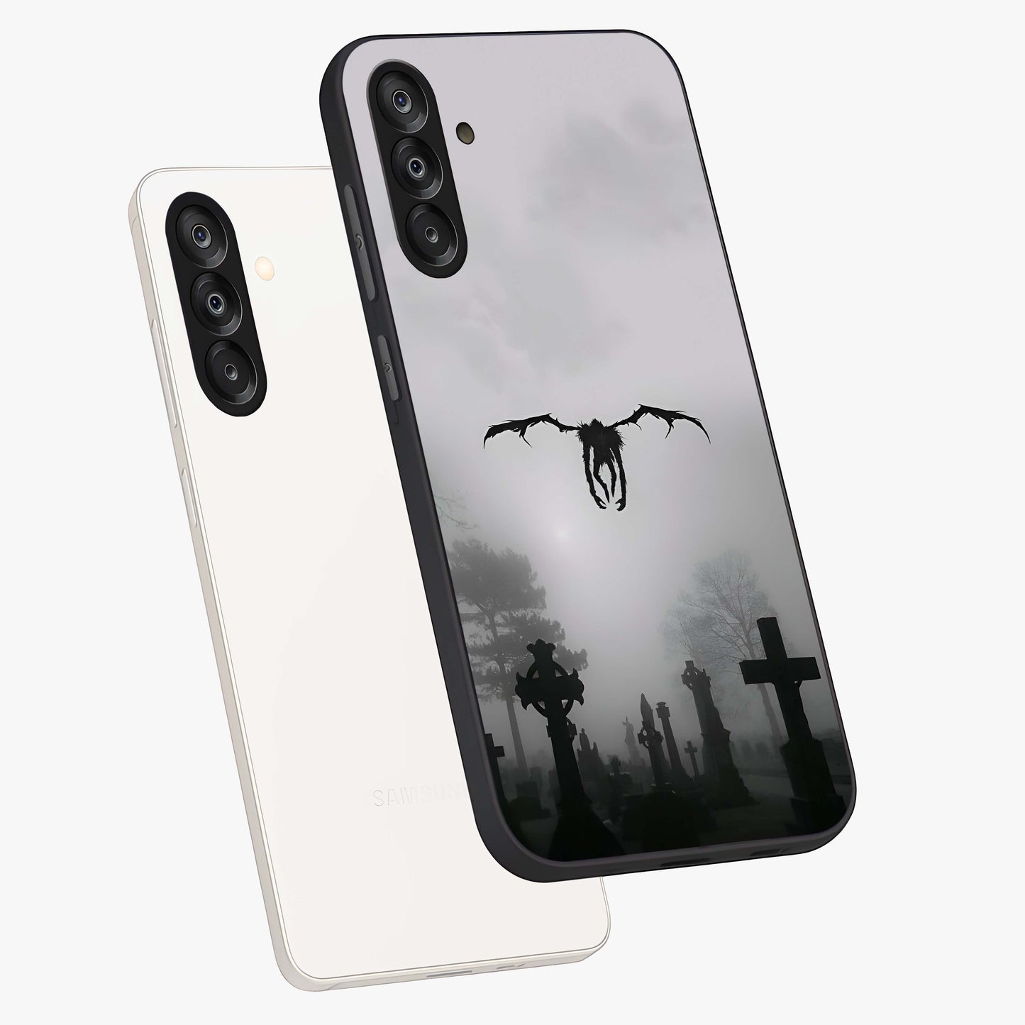 Graveyard Shadow Descent Glass Case displayed in angled mockup highlighting eerie shadow illustration with gothic aesthetic.