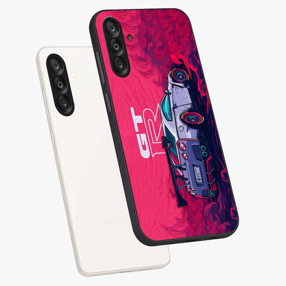 GT-R Car Pattern Glass Case displayed in angled mockup highlighting racing car graphic design with bold automotive aesthetic.