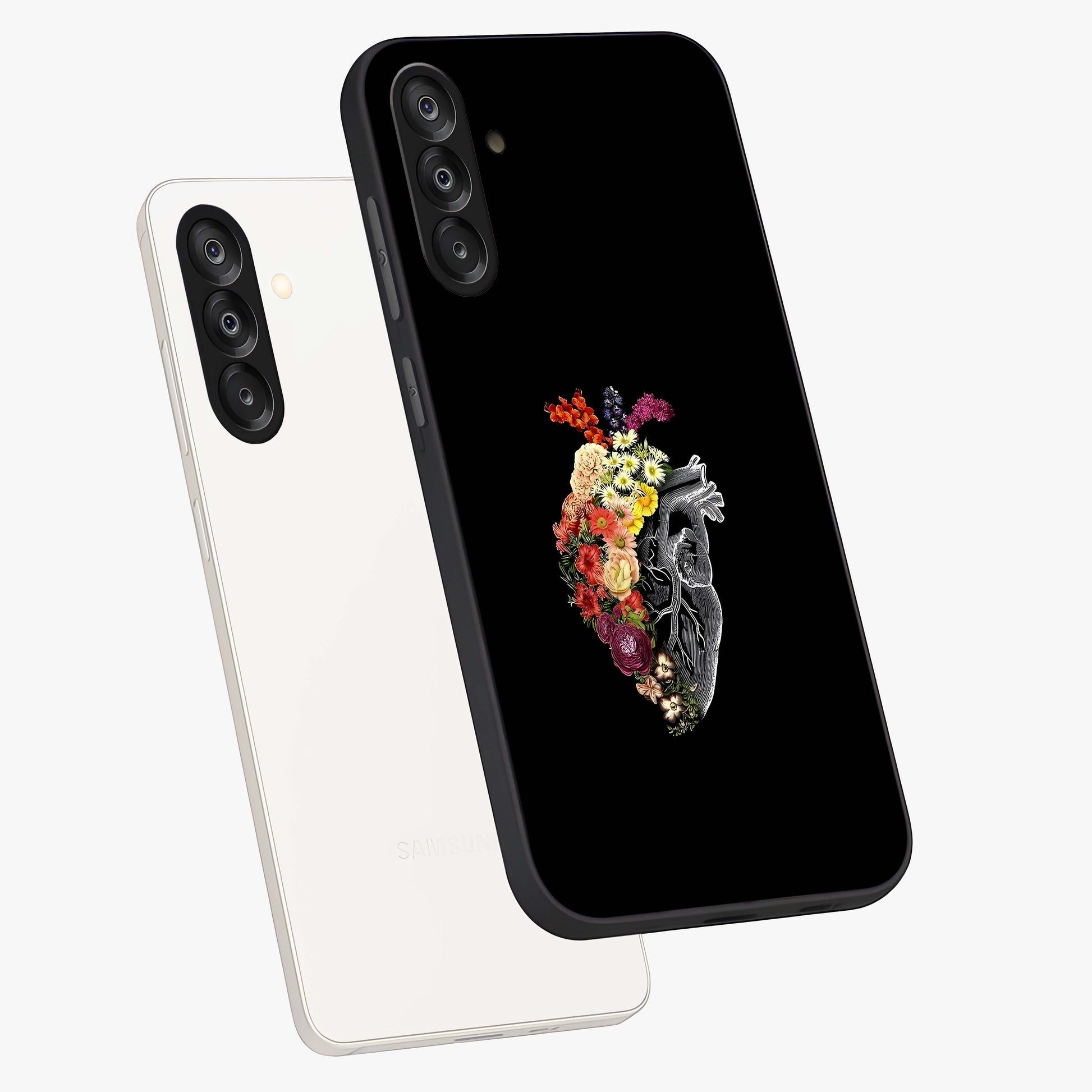Heart With Flowers Glass Case displayed in angled mockup highlighting romantic flower design with soft aesthetic style.