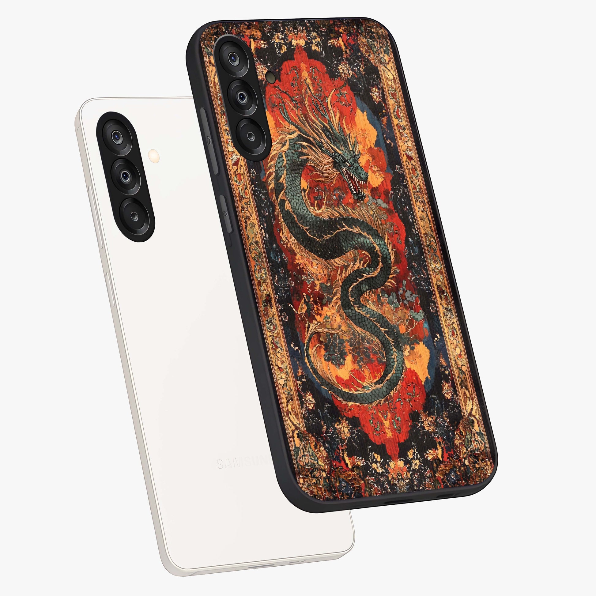 Inferno Dragon Soul Glass Case displayed in angled mockup highlighting powerful dragon illustration with inferno aesthetic.