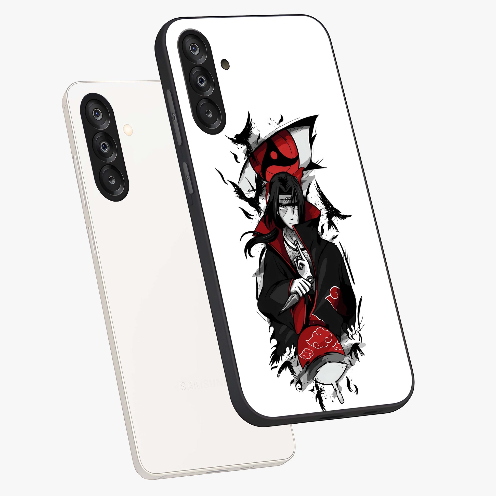 Itachi Limited Edition Naruto Anime Glass Case displayed in angled mockup highlighting dramatic anime illustration with bold action aesthetic.