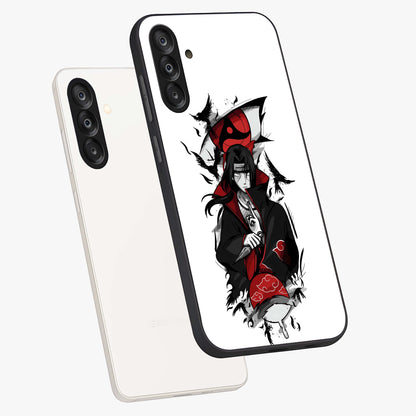 Itachi Limited Edition Naruto Anime Glass Case displayed in angled mockup highlighting dramatic anime illustration with bold action aesthetic.
