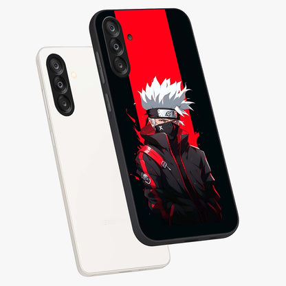 Kakashi Scarlet Shadow Glass Case displayed in angled mockup highlighting dramatic ninja illustration with scarlet themed aesthetic.