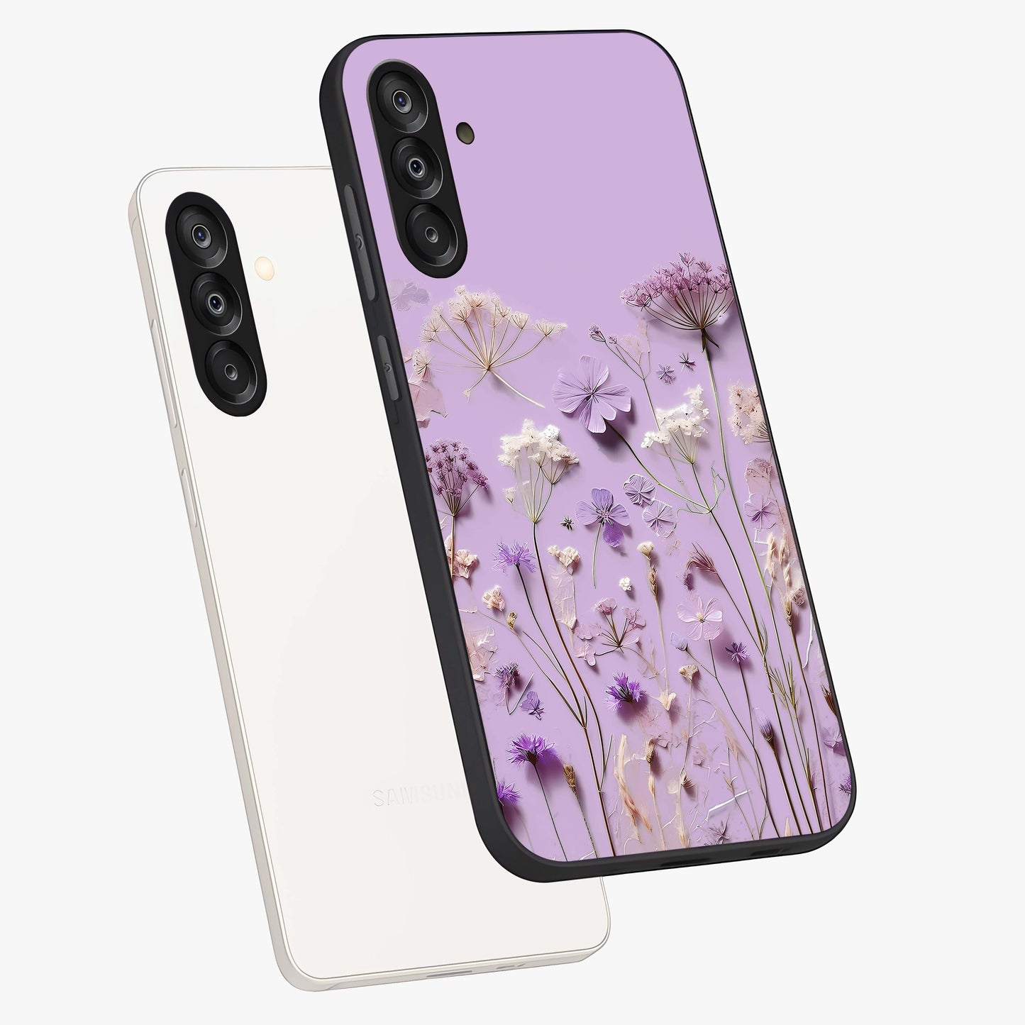 Lavender Blossom Dream Glass Case displayed in angled mockup highlighting dreamy lavender flower design with calming aesthetic style.