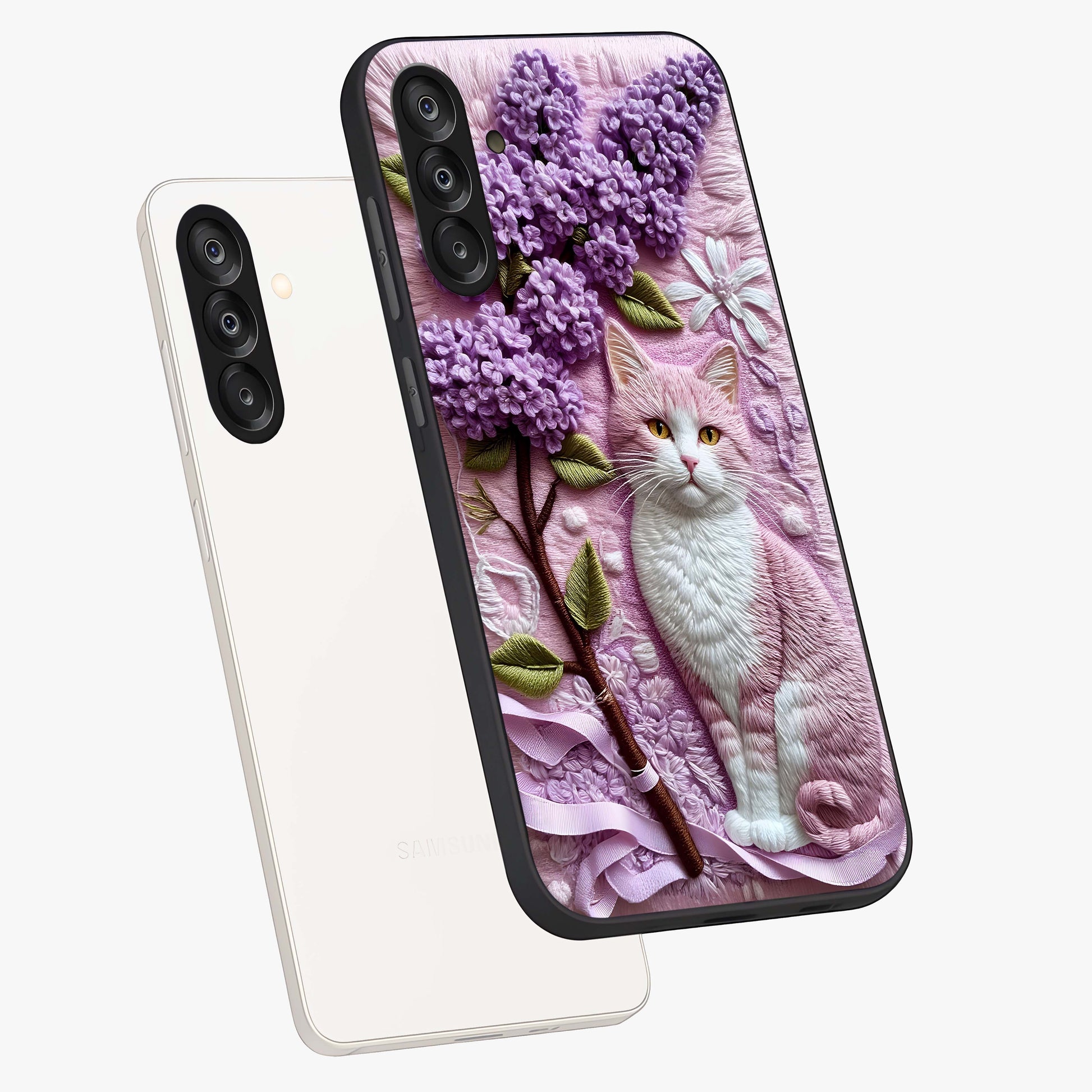 Lavender Cat Whimsy Glass Case displayed in angled mockup highlighting playful feline illustration with pastel lavender aesthetic.