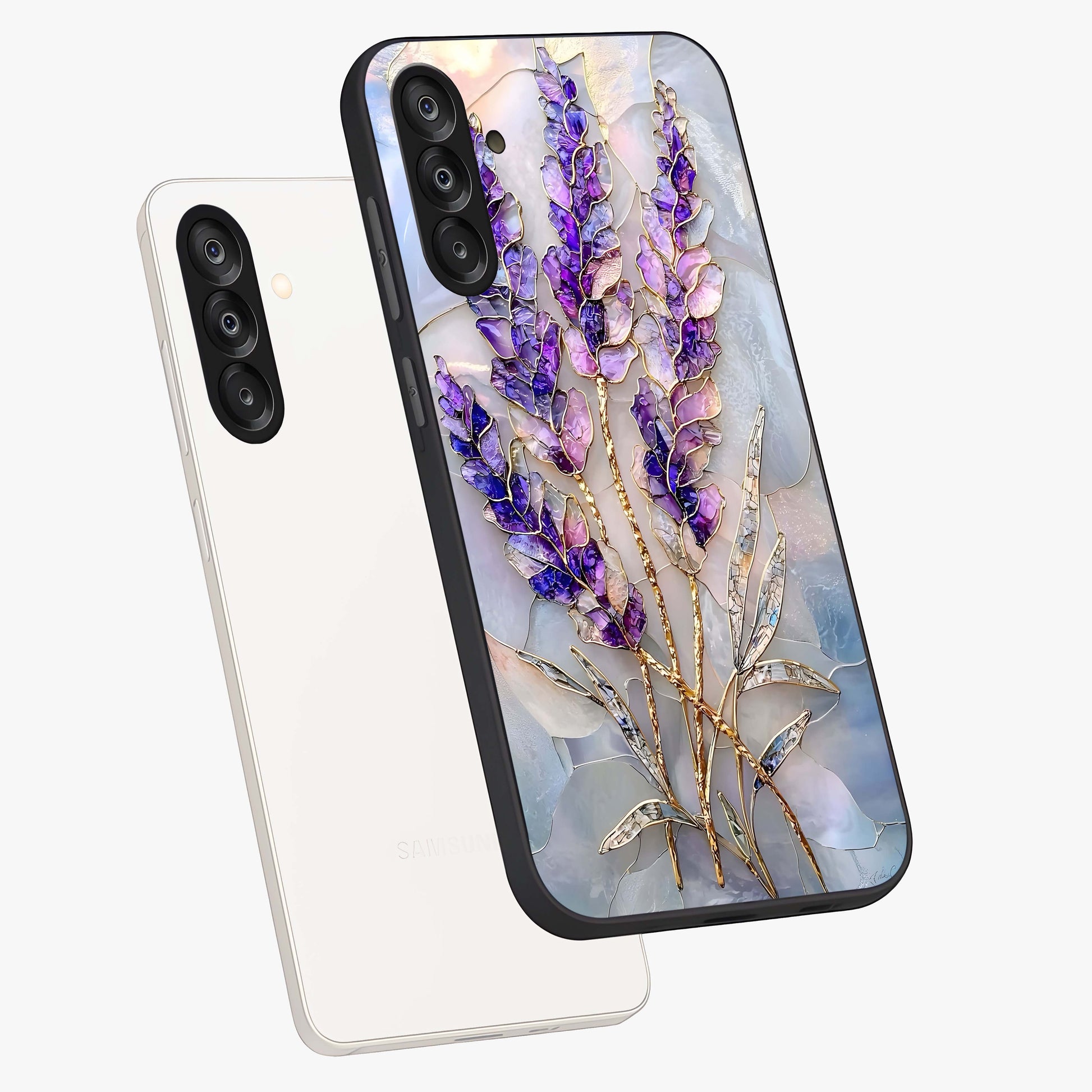 Lavender Dream Glow Glass Case displayed in angled mockup highlighting dreamy purple glow design with soft artistic style.