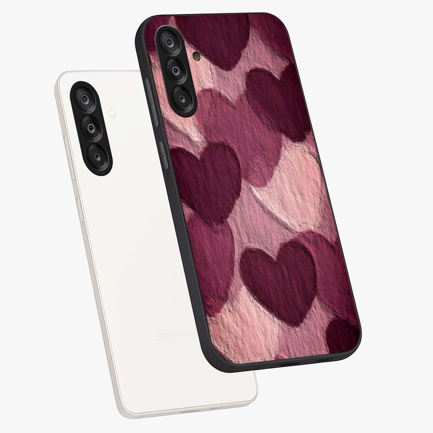 Layered Paper Hearts Glass Case displayed in angled mockup highlighting creative paper craft heart design with romantic aesthetic.
